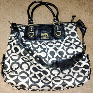 Coach Black & White Signature Canvas Tote with Leather Trim